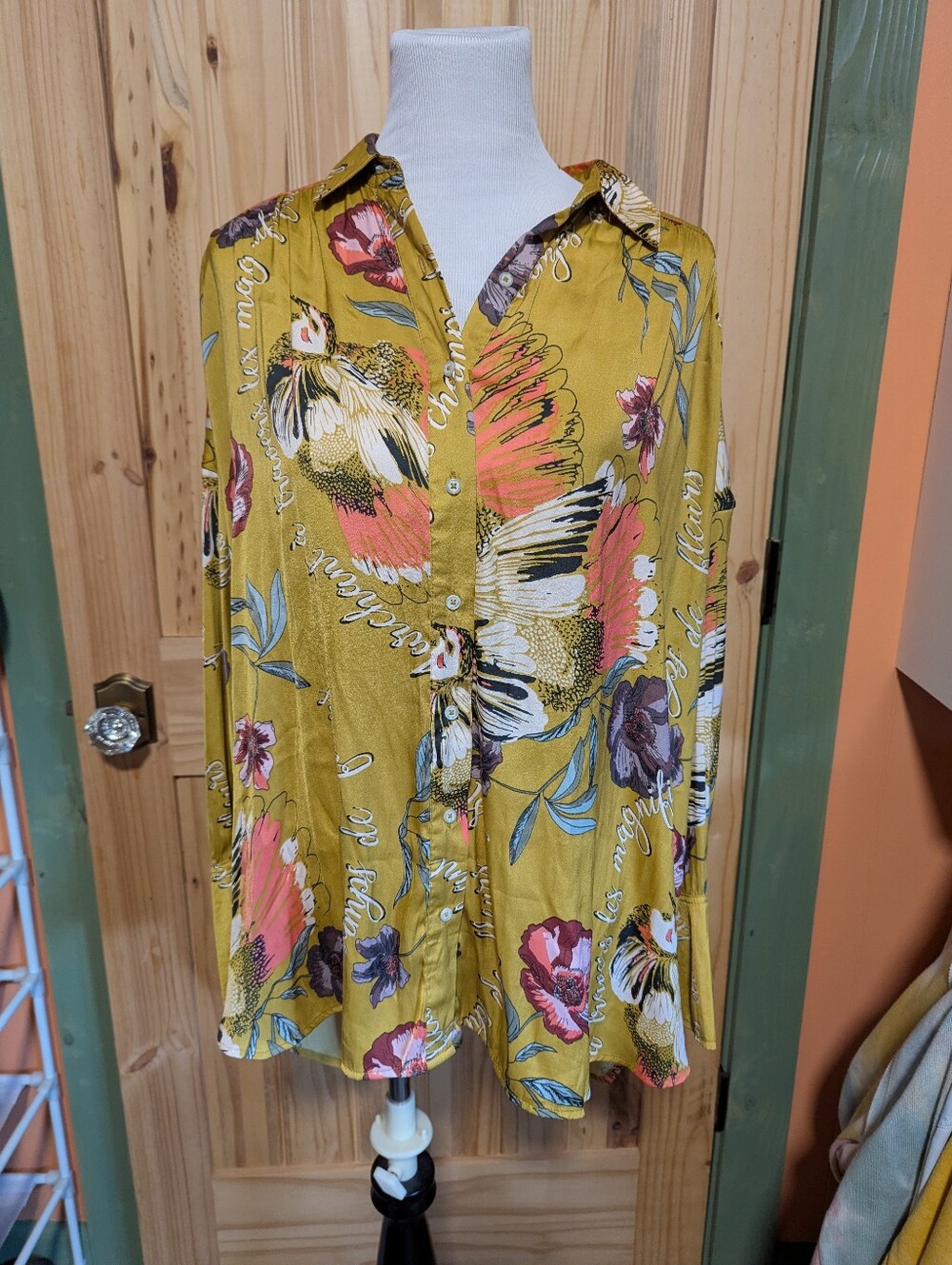 Free People Silky Nights Gold Oversized Floral Button Down Blouse Small